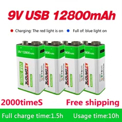 2024 New 9V 12800mah lithium ion rechargeable battery type-C USB battery 9V multimeter lithium microphone metal detector + cable