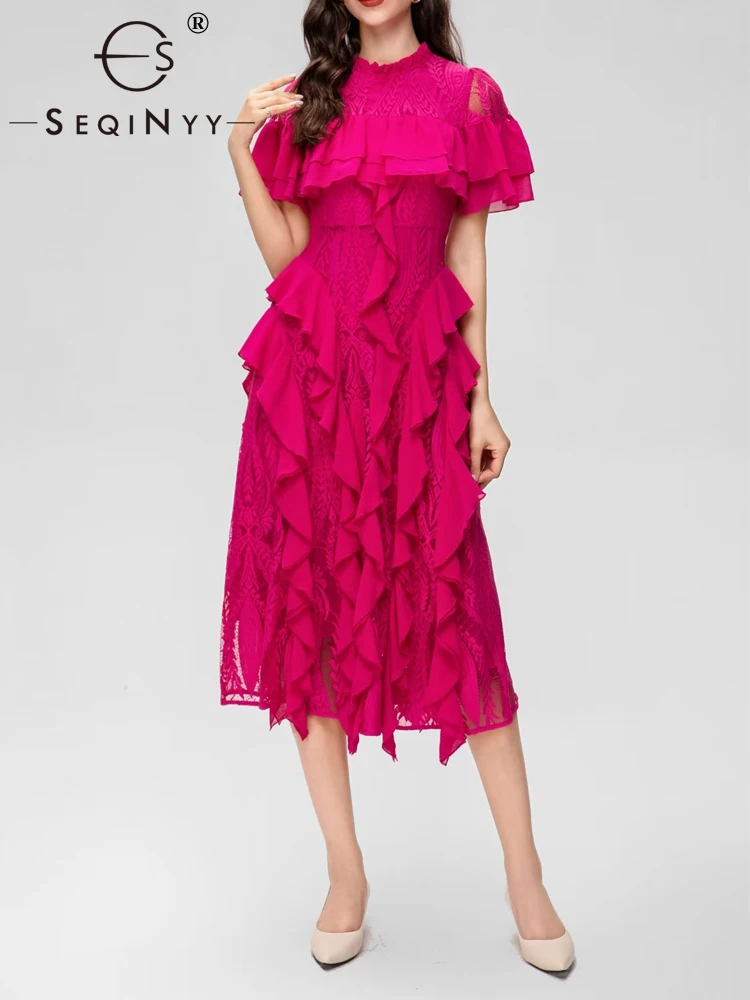 

SEQINYY Party Dresses Summer Spring New Fashion Design Women Runway High Street Lace Spliced Ruffles A-Line Casual for Female