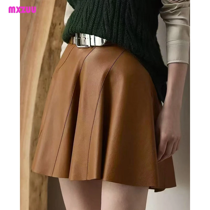 Genuine Sheepskin Mini Skirt Autumn Women High Waist Short Flare Skirt European Style Versatile Sexy Leather Skirt Mini Saia
