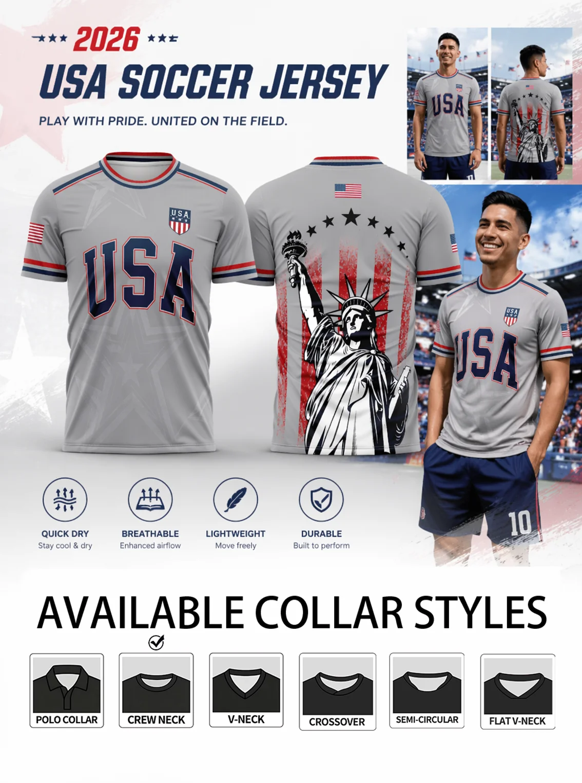 USA soccer jersey, light‑gray base with Statue of Liberty back print, USA logo, quick‑dry & breathable, multiple collar styles