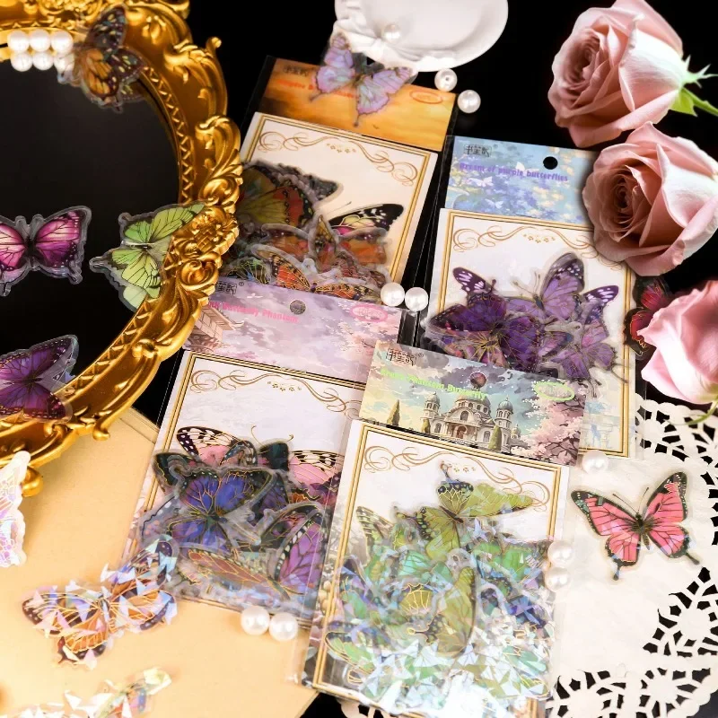 Holographic Gold PET Butterfly Stickers Clear Crystal Decals for Scrapbooking DIY Journal Vintage Aesthetic Decor