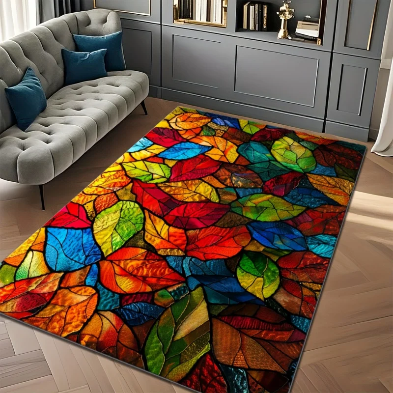 VIKAMA Stained Glass Leaf Print Area Rug Non Slip Soft Floor Carpet for Living Room Bedroom Colorful Art Home Decor Mat