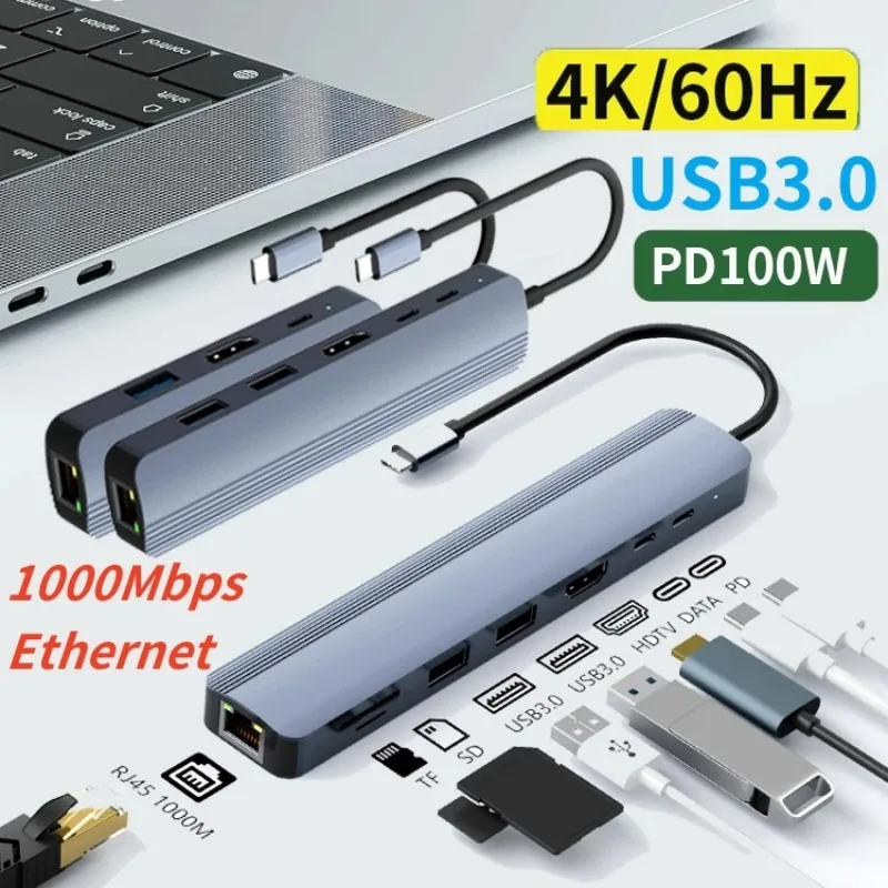 

Док-станция 8-в-1 Type-c для гигабитного сетевого порта HDTV, концентратор Usb3.0, док-станция, совместимый с HDMI, многопортовый концентратор PD100W