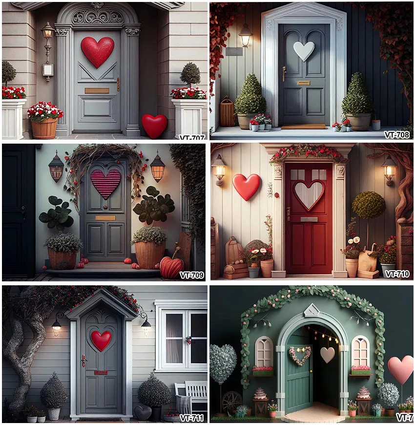 Happy Valentine's Day Photographic Backdrops Entrance Door Love Heart Decoration Plants Floral Party Birthday Newborn Background