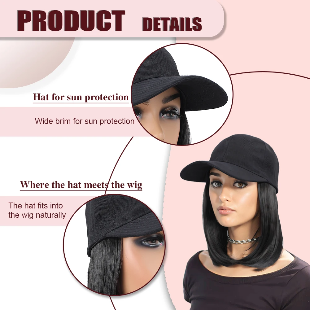 Baseball Cap with Synthetic Hair Extensions 10 Inches Straight Short Bob Hairstyle Adjustable Wig Hat for Women Girls