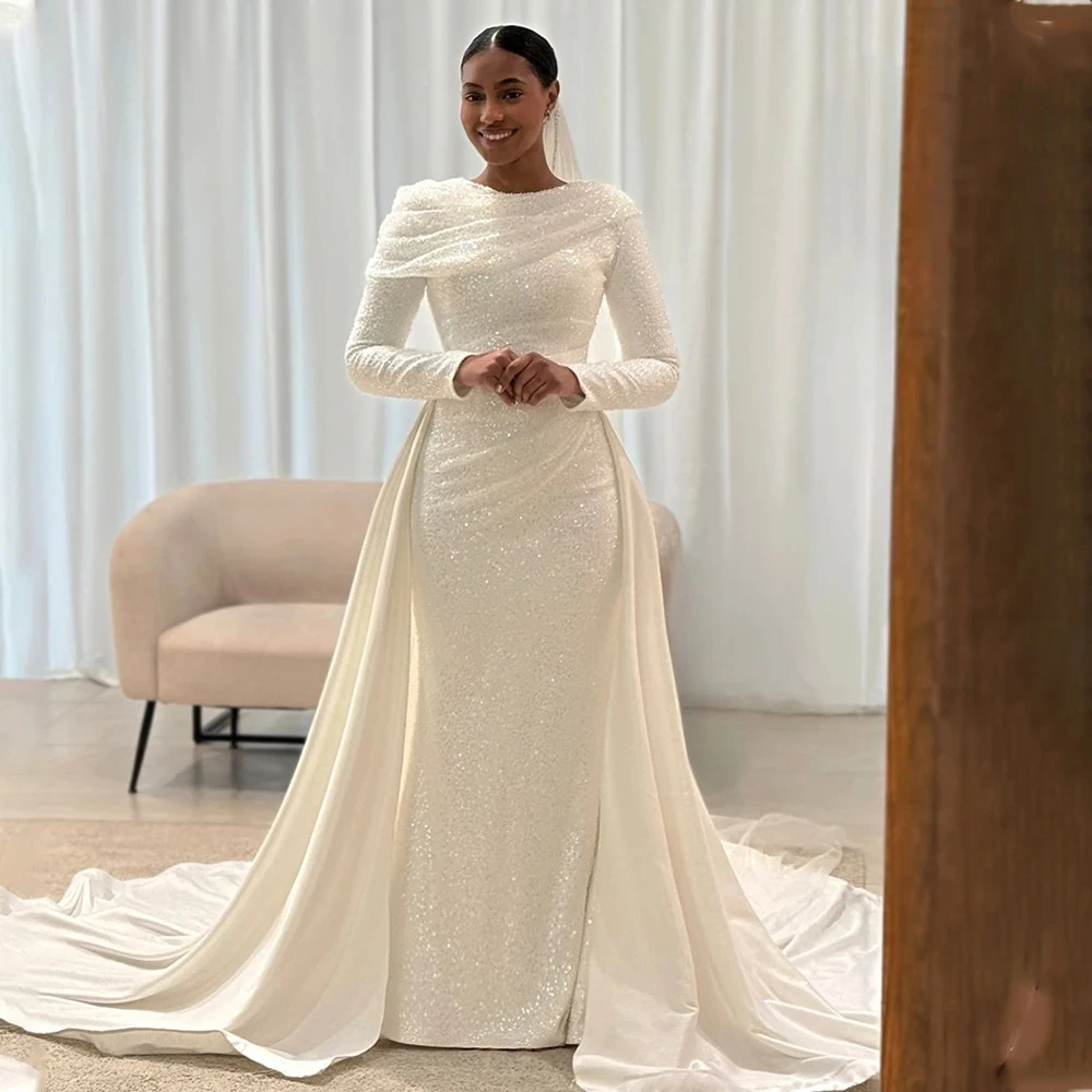 Shiny Beaded Sequined Long Sleeves Sheath Wedding Dresses With Detachable Tail Custom Made 2026 Vestido De Noival
