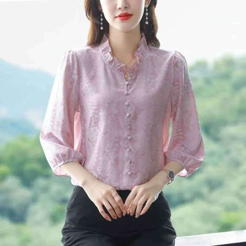 Women\'s Chiffon Ruffled Neck Printing Pullover Button Lantern Long Sleeve Patchwork Undershirt T-shirt Spring Summer Tops