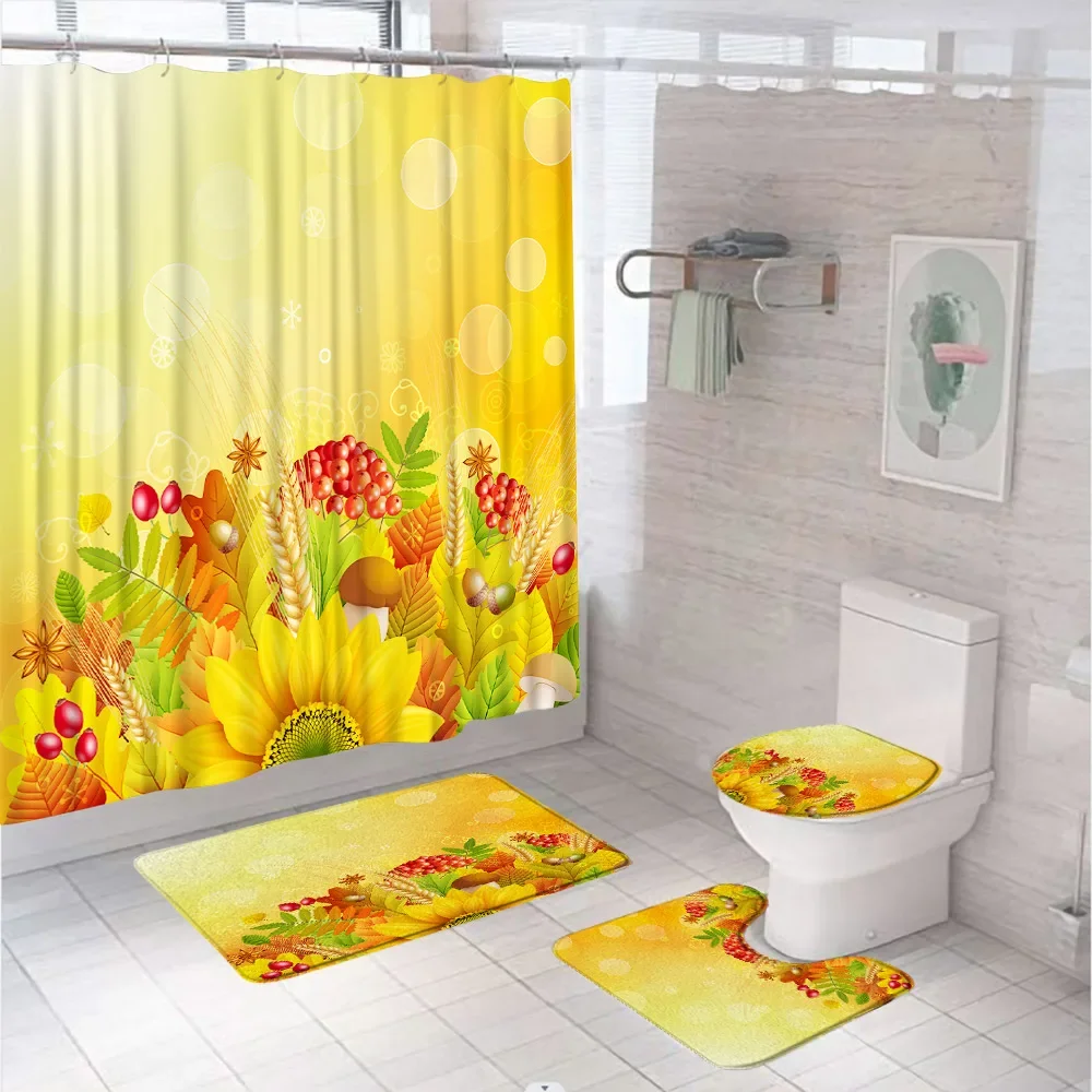 Farm Barn Pumpkin 3D Farmhouse Haystack Plants Autumn Scenery Waterproof Bathroom Shower Curtain Set Rugs Toilet Cover Bath Mat