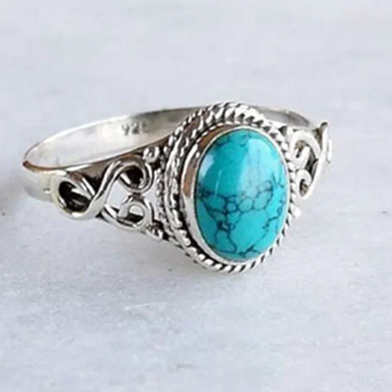 Fashion Retro Elegant Ring Natural Turquoise Ring Wedding Engagement Birthday Party Anniversary Commemorative Gift Retro Elegant