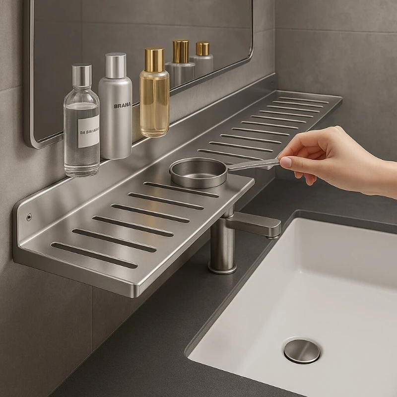 

No-Drill Bathroom Wall-Mounted Storage Rack Hollow Draining Shelf Toilet Faucet Washstand Organizer with Wash Basin Set