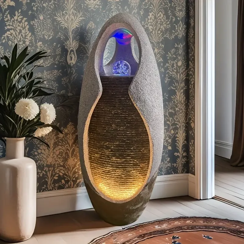 Modern Zen Waterfall Fountain Resin Sculpture,Hollow Droplet Design With LED Light,Indoor Tabletop Water Feature For Home Office