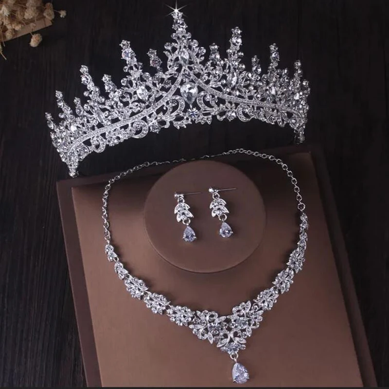 

Elegant Silver Color Crystal Bridal Jewelry Sets Princess Tiara Crown and Necklace Earrings Sets for Bridal Wedding Prom Gifts