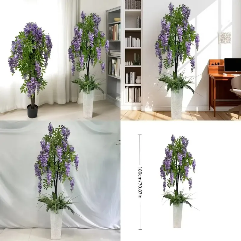 Realistic Artificial Wisteria Tree with Hanging Flowers Green Plastic Silk Plant for Indoor Outdoor Home Decoration Long