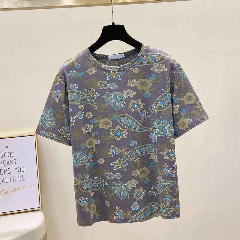 Beige Grau Blumendruck Vintage O-Ausschnitt Kurzarm T-Shirt Damen Bluse Shirt Damen Kleidung Tops Mode Blusen Sommer