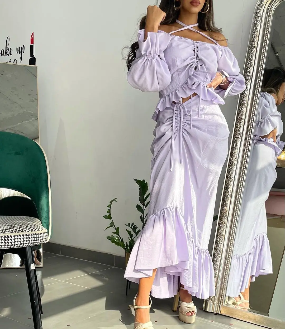 

Ruffles Off Shoulder Prom Dresses 2023 Cross Halter Long Sleeves 2-Piece Ankle-length Arabia Robes De Formal Occasion Dresses