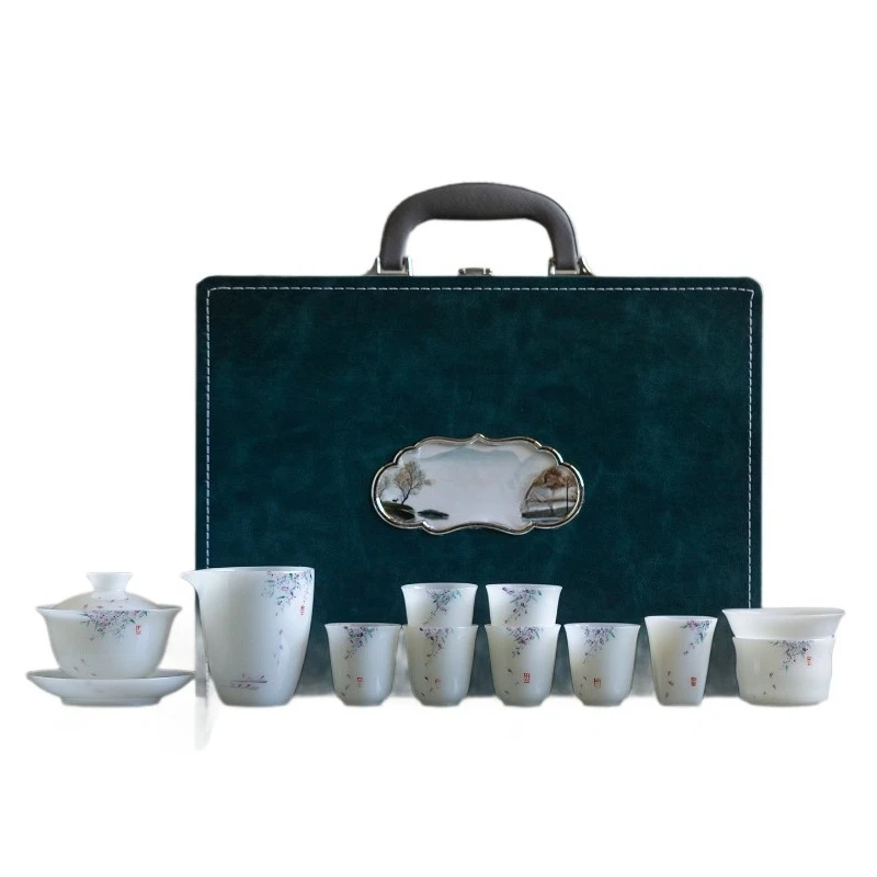 Tea set, new Chinese-style household light luxury souvenir, tea cup cover bowl set, portable gift box.
