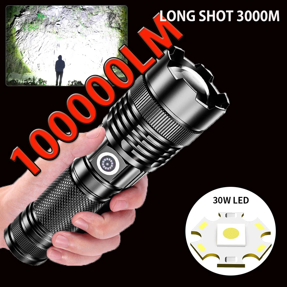 

High power 30W LED Flashlight with Stepless Dimming Outdoor Torch Waterproof Zoom USB Rechargeable Flash Light Lantern