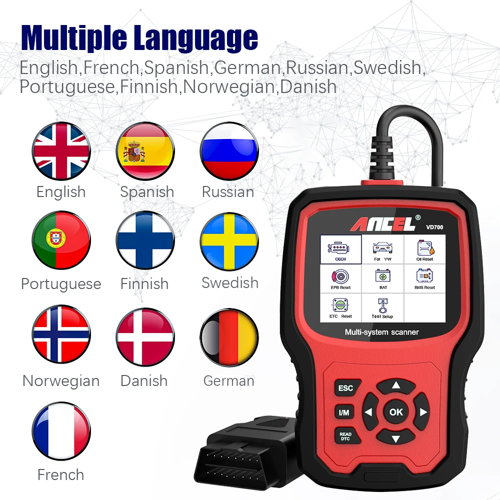 ANCEL VD700 OBDII Scanner for VW Group Diagnostic Tool All System Code Read with Injector Adaptation Steering Angle TPMS Reset