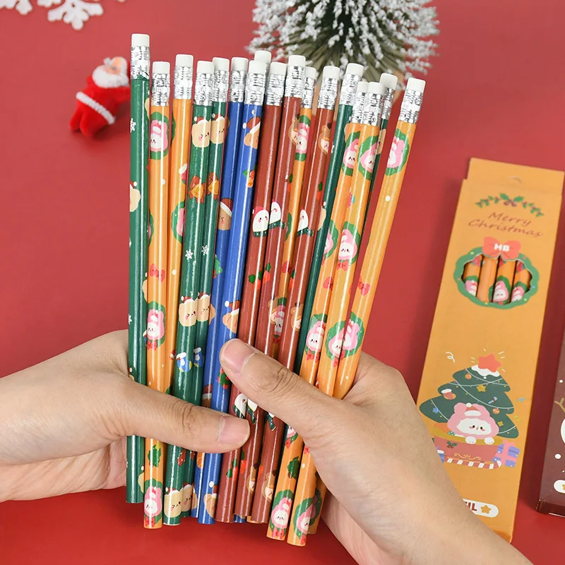 6Pcs/set Christmas Pencils Wooden Craft Christmas Themed Elk Bear Tree Cartoon Pattern Xmas Gifts for Kids Noel New Year Supply