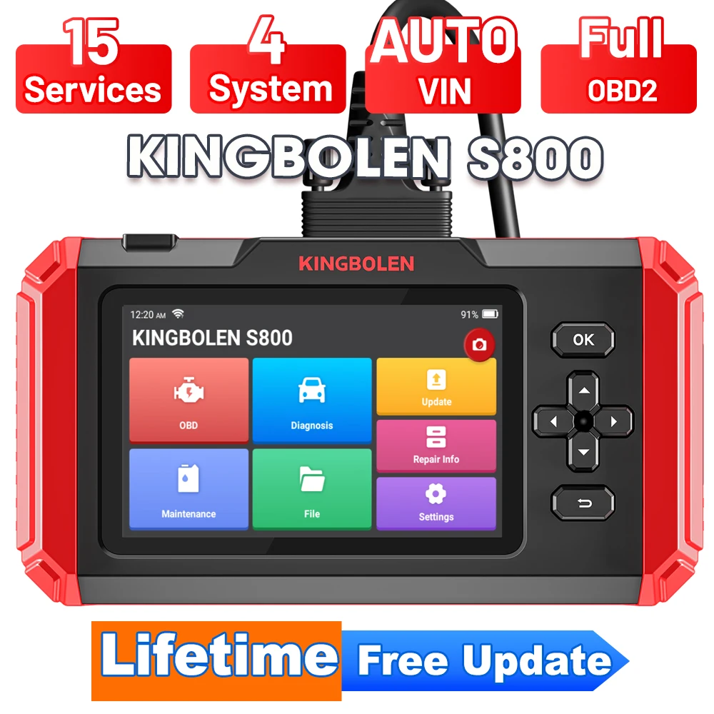 KINGBOLEN S800 OBD2 Scanner OBD2 Diagnose-Scan-Tool mit 15 Reset-Funktionen, Öl-, Brems- und Gashebelservice, Motor-, ABS-, SRS- und Getriebecodeleser, Batterietest, AutoVIN, lebenslanges kostenloses
