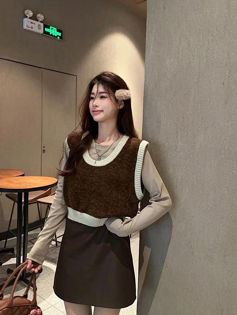 

Korean Sle ort U-Ne Knitted Vest Women's Inner Wear Outerwear Fce Warmth Autumn Winter Season Faion Commute