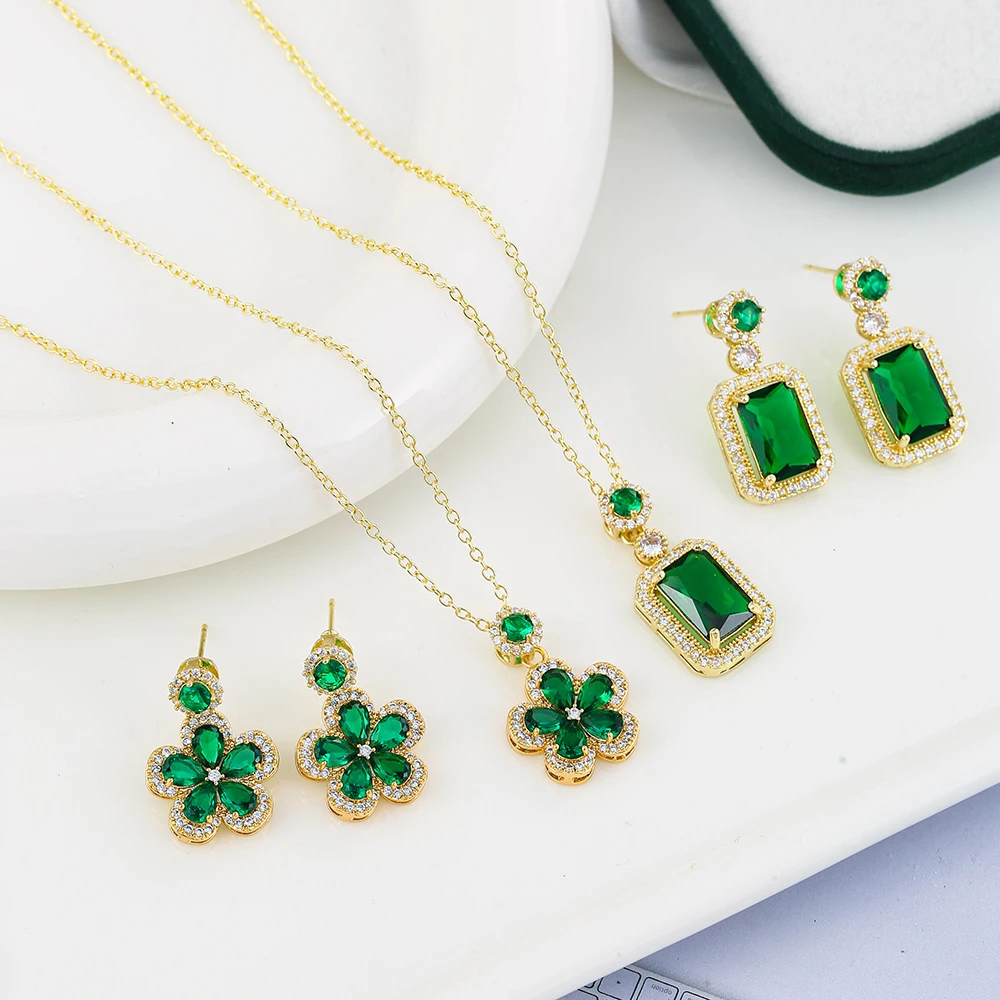 LXOEN 2023 Vintage Green Drop Water Silver Color Bride Dubai Jewelry Set Earings Necklace for Women Wedding Christmas Party Gift