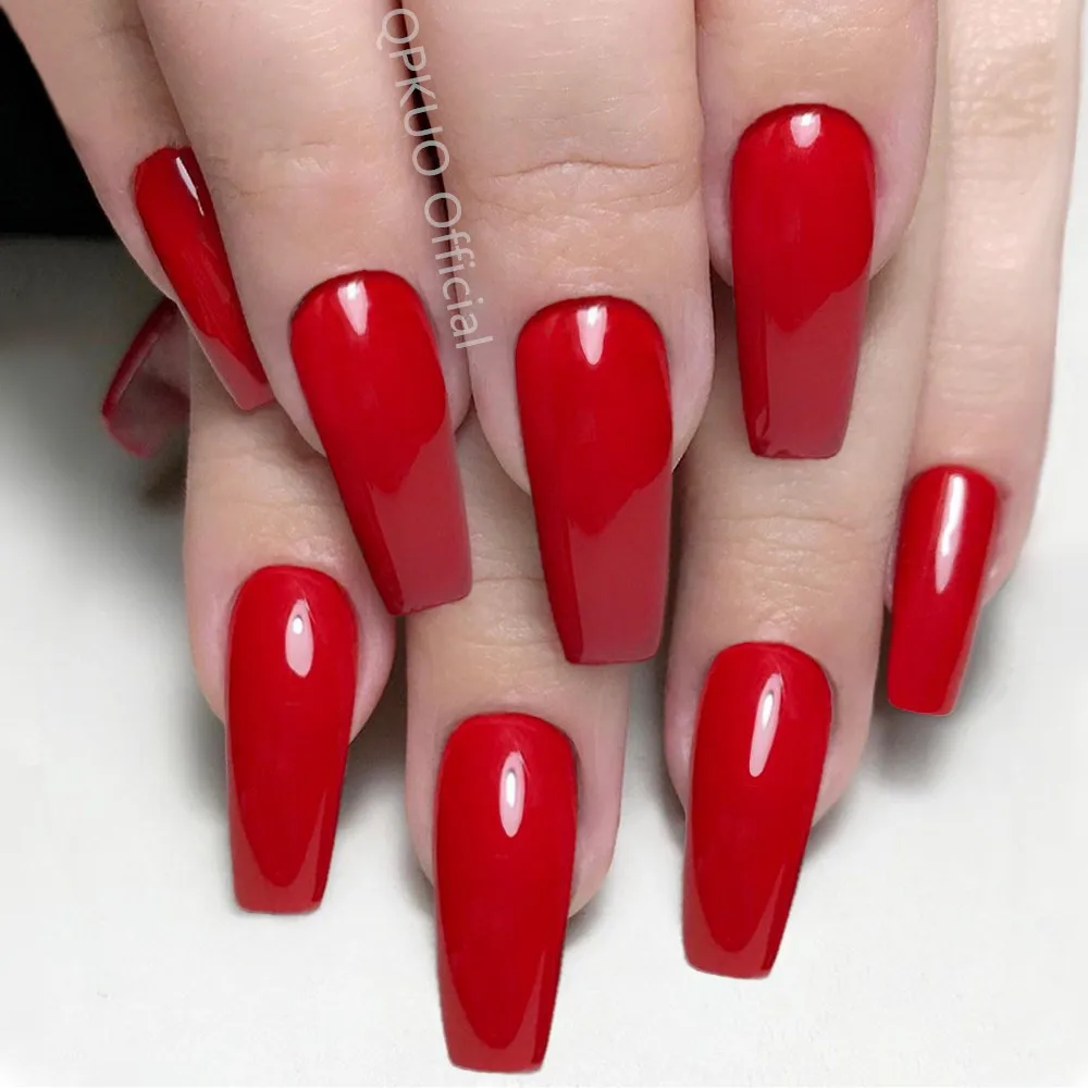 

Red Long Acrylic False Nails Press On Ballerina Coffin Fake Nails With Glue Burgundy DIY Women Fingernails Manicure Tool