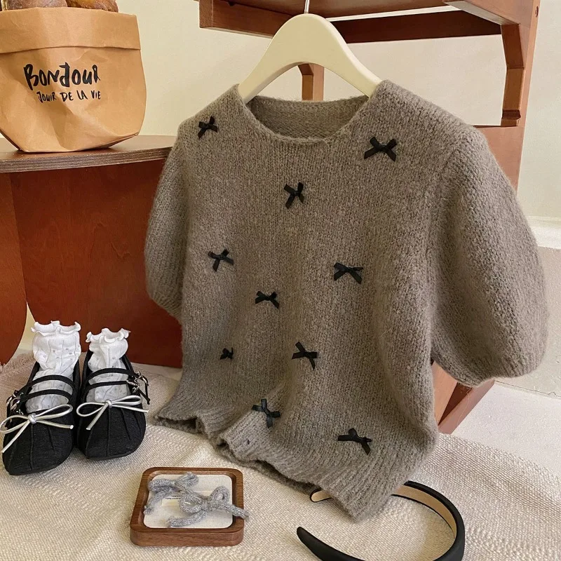 OCEANLOVE Puff Sleeve Bows Women Sweaters Solid Spring Autumn Korean Fashion Pull Femme Vintage Elegant Simple Pullovers