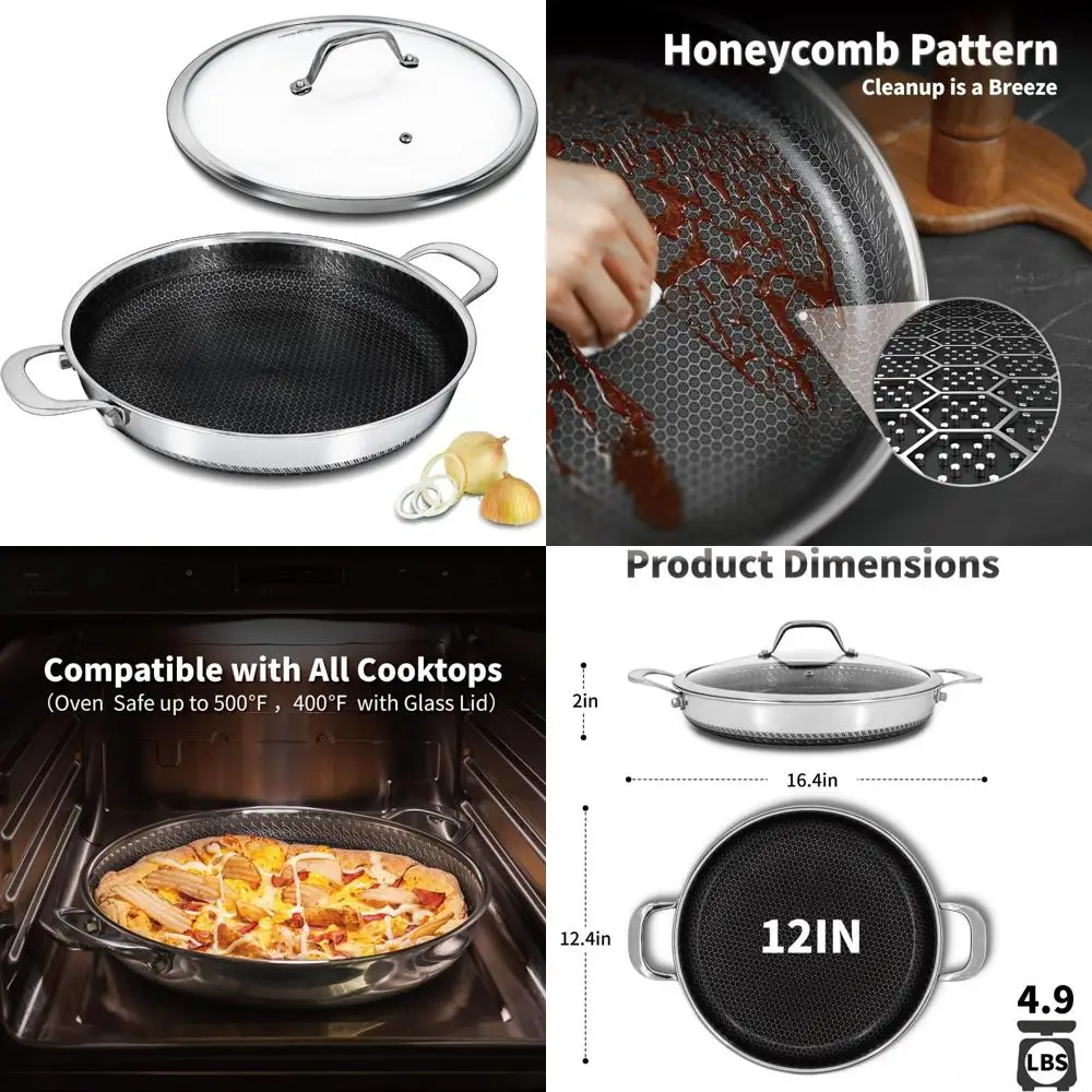 

12 Inch Multi-Functional Stainless Steel Paella Pan with Lid and Dual Handles, Oven and Dishwasher Safe, Nonstick Cooking Pan