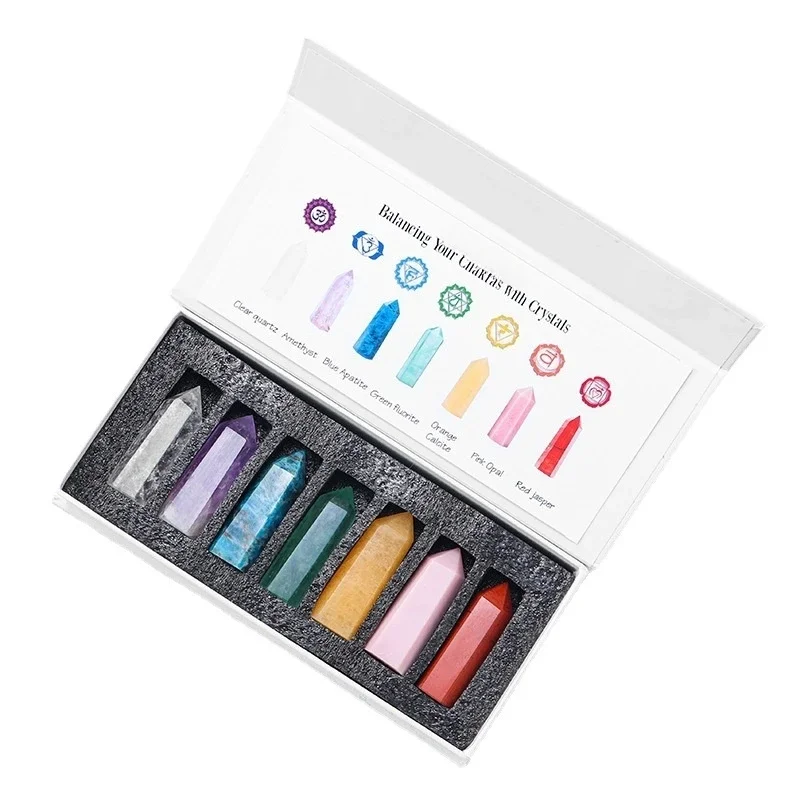Hexagonal Crystal Point Set Box 7Pcs Healing Chakra Gemstone Column Beads 4-5CM In Gift Display for Home Office Decor