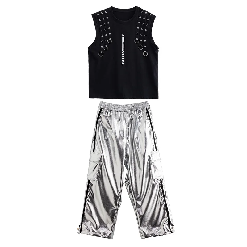 Kid Cool Punk Hip Hop Clothing Black Chain Eyelet Tank Silver Casual Wide Cargo Pants for Girl Boy Jazz Dance Costumes Clothes