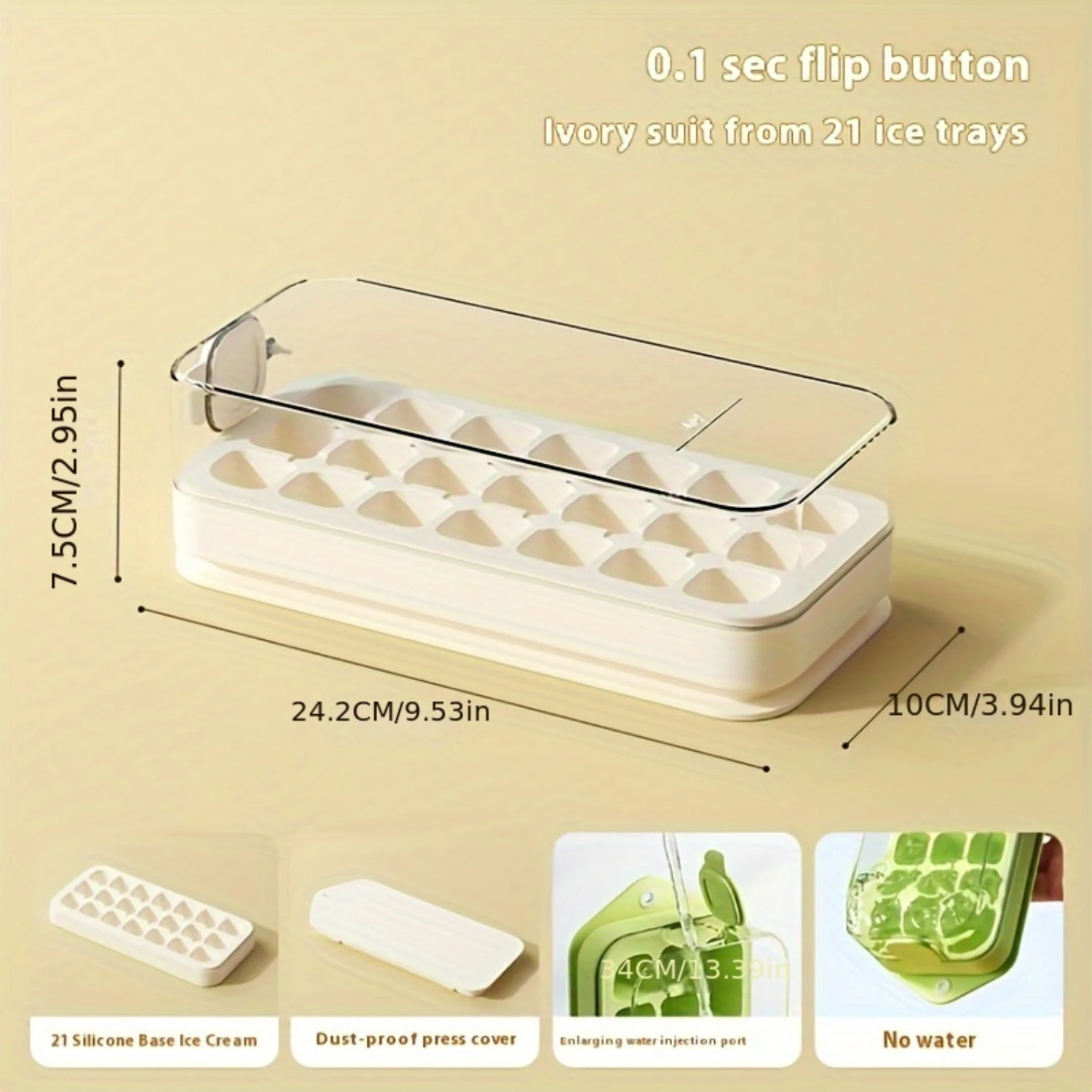 21 Grid Silicone Ice Cube Tray with Lid - Food Grade Press & Release Ice Mold, Dust-Proof Cover, Easy Fill Water Injection - Pla