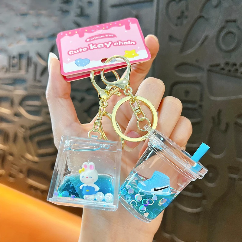 Cartoon Oil-filled Bunny Fox Cat Ear Bottle Keychain Cute Liquid Quicksand Pearl Sequins Sneakers Milk Tea Cup Turtlev Key Chain