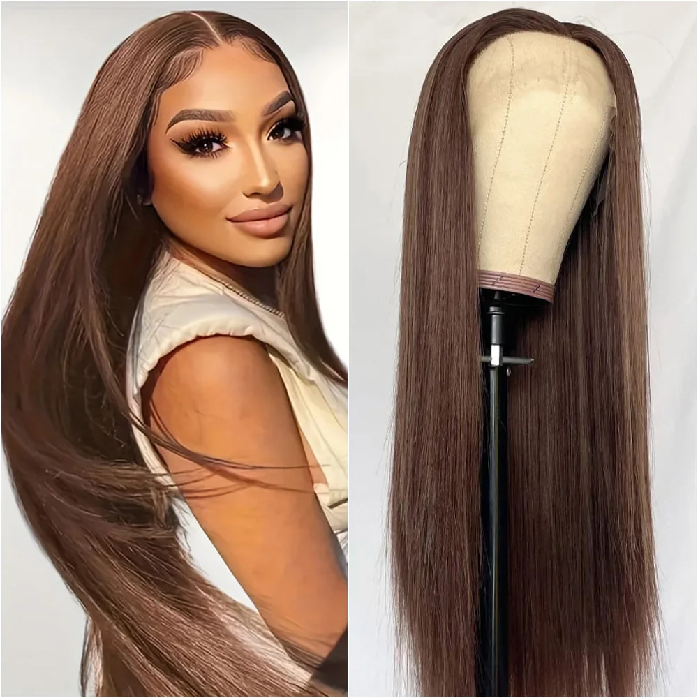 العظام مستقيم الشوكولاته البني 13X6 و 13x4 الدانتيل الشفاف خصلات الشعر المستعار الإنسان للنساء 40 بوصة قبل قطعها خصلات الشعر المستعار البرازيلي #1