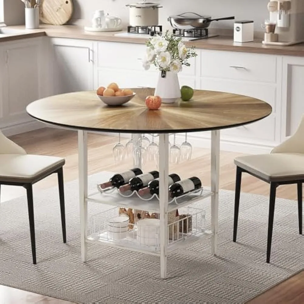 47 Inch Round Dining Table Set, Modern Wood Dining Table with Double Storage Rack, 2 Person Dining Table and Chair Set for Kitc