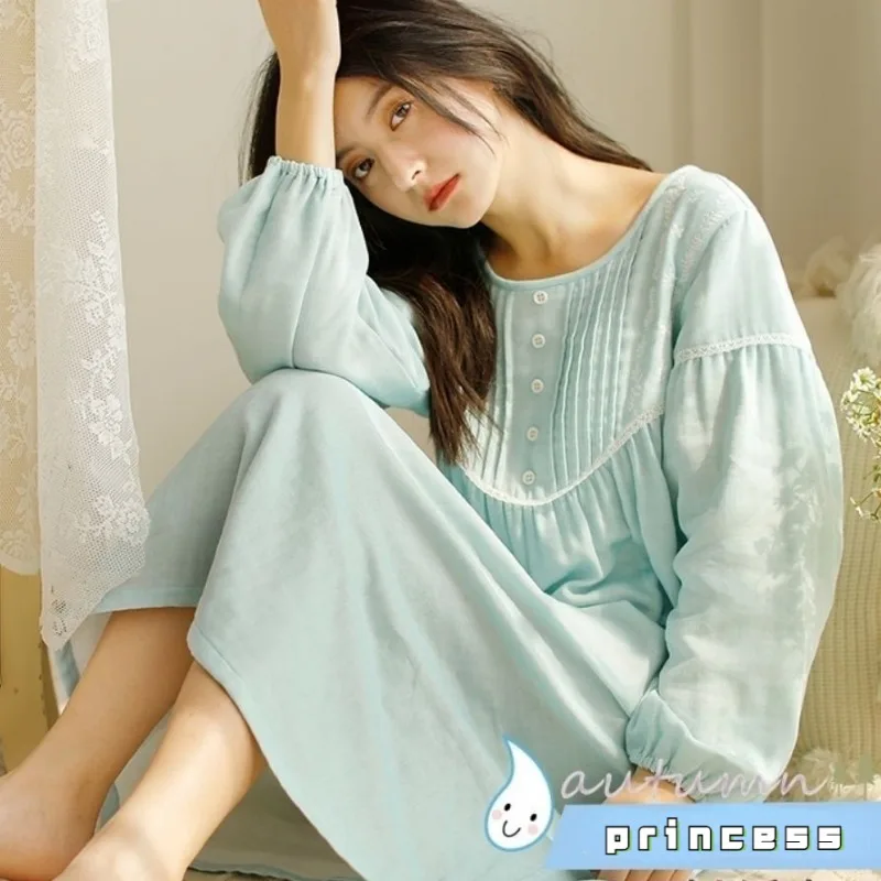Pure Cotton Princess Style Pajama Dress Women's Spring Autumn Long Sleeve Sleep Skirt Girls New Fashion Loose Leisure Nightgowns