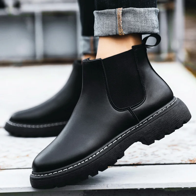 Fashion Autumn and Winter Men\'s Short Boots Trend Casual Shoes Leather Boots  Boots Men\'s Leather Shoes Chelsea Boots