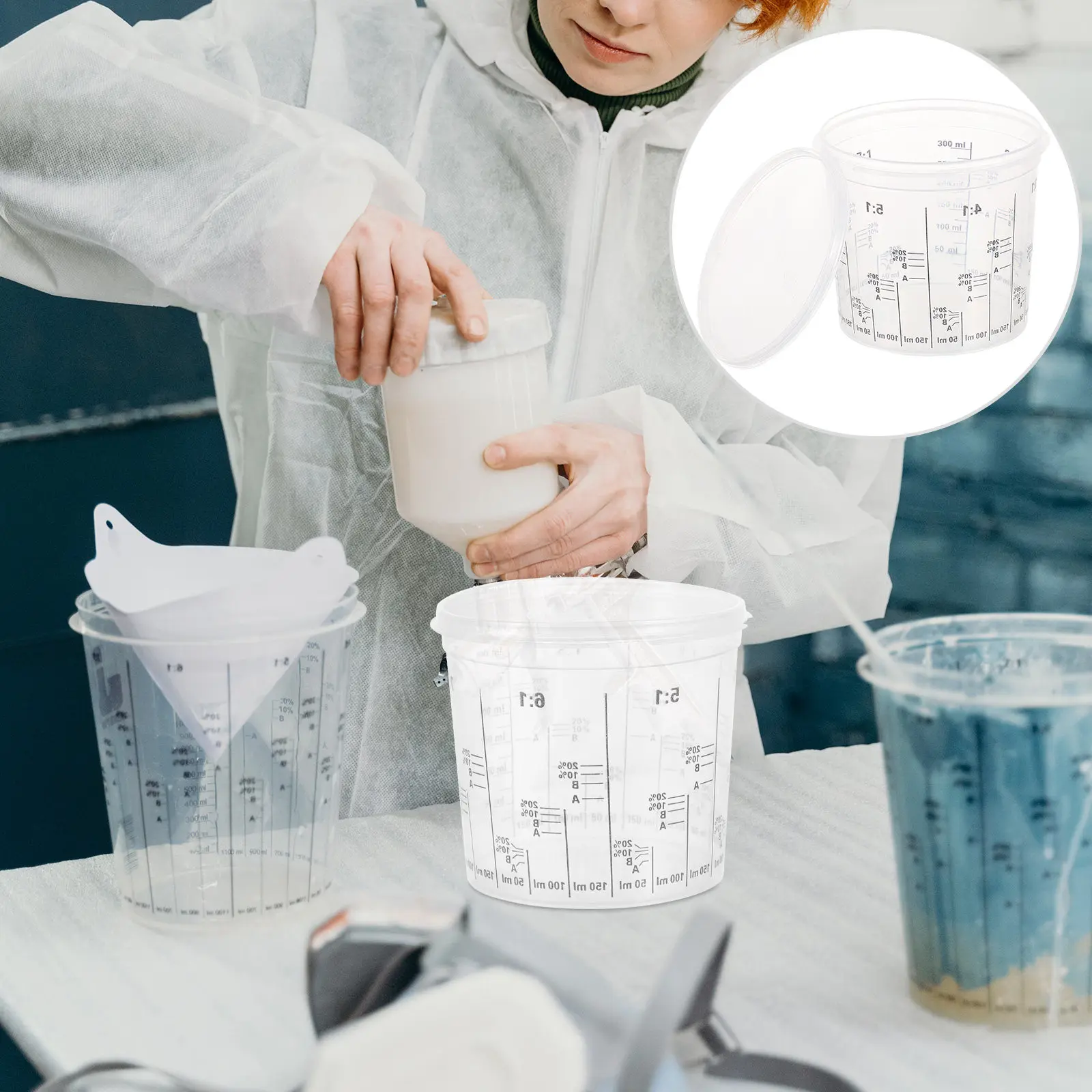 Disposable Paint Mixing Cups 5 Pack Wide Mouth Clear Graduated Plastic Cups for Automotive Refinishing