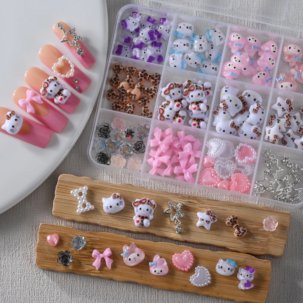 

12Grids Mixed3D Sanrio Hello Kitty Nail Charm Kawaii Cartoon Kitty/Kuromi/Melody/ Cinnamoroll Nail Art DIY Sanrio Manicure Parts
