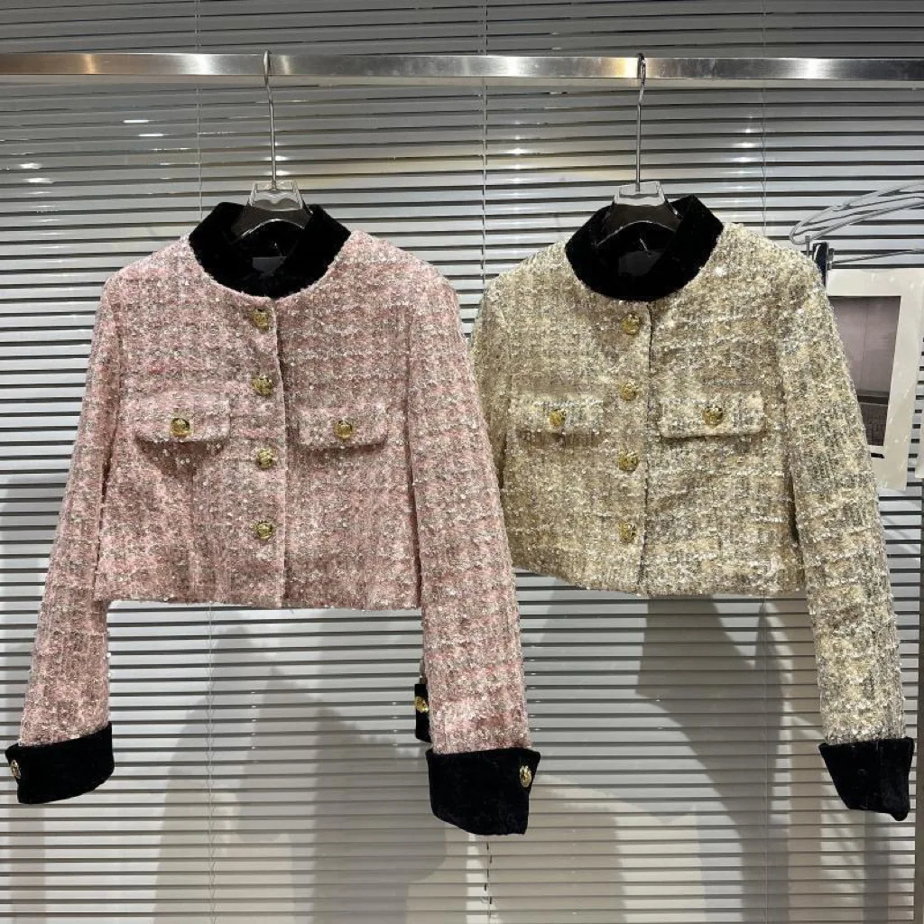 

baby Girls Sequin Short Coat 2023 Autumn New Thick Tweed Single breasted Metal buckle teen jacket kids clothes casaco menina