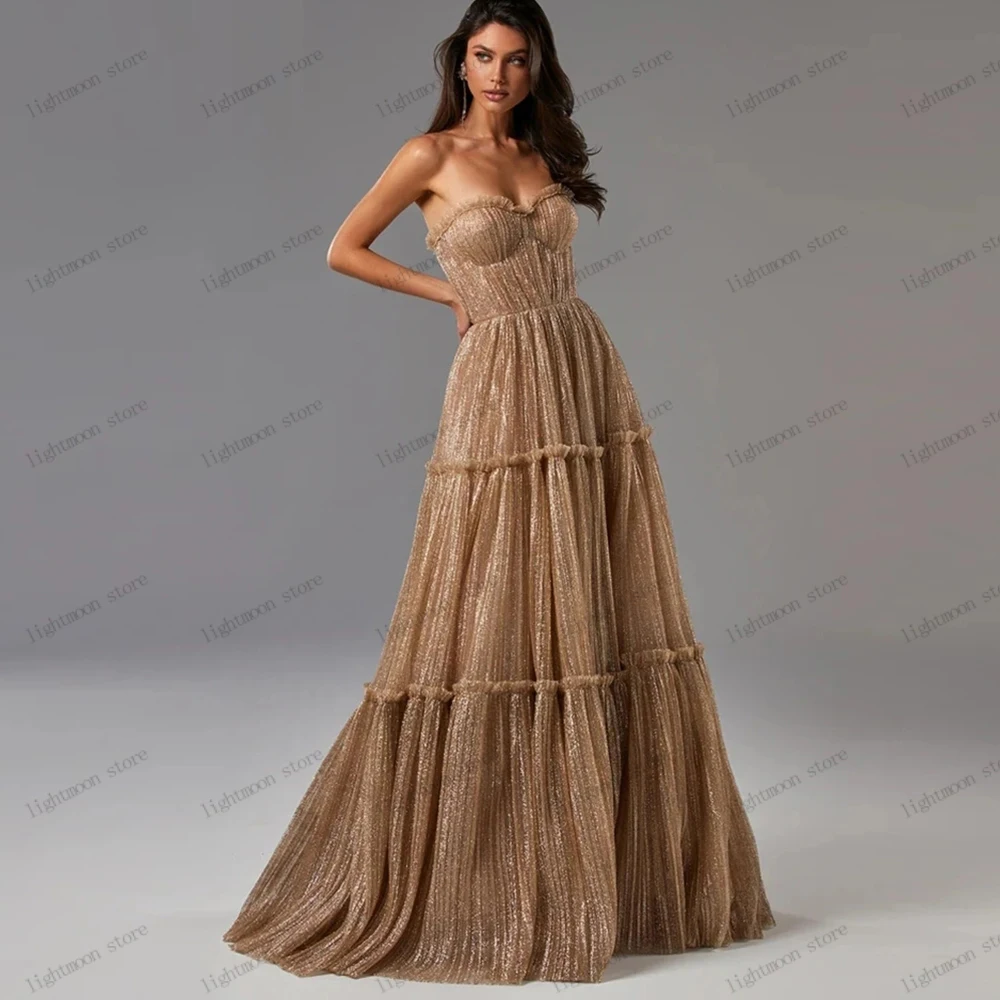 

Simple Prom Dress A-Line Evening Dresses Sexy Strapless Backless Tulle Tiered Ball Gowns Floor Length Robes Vestidos De Gala