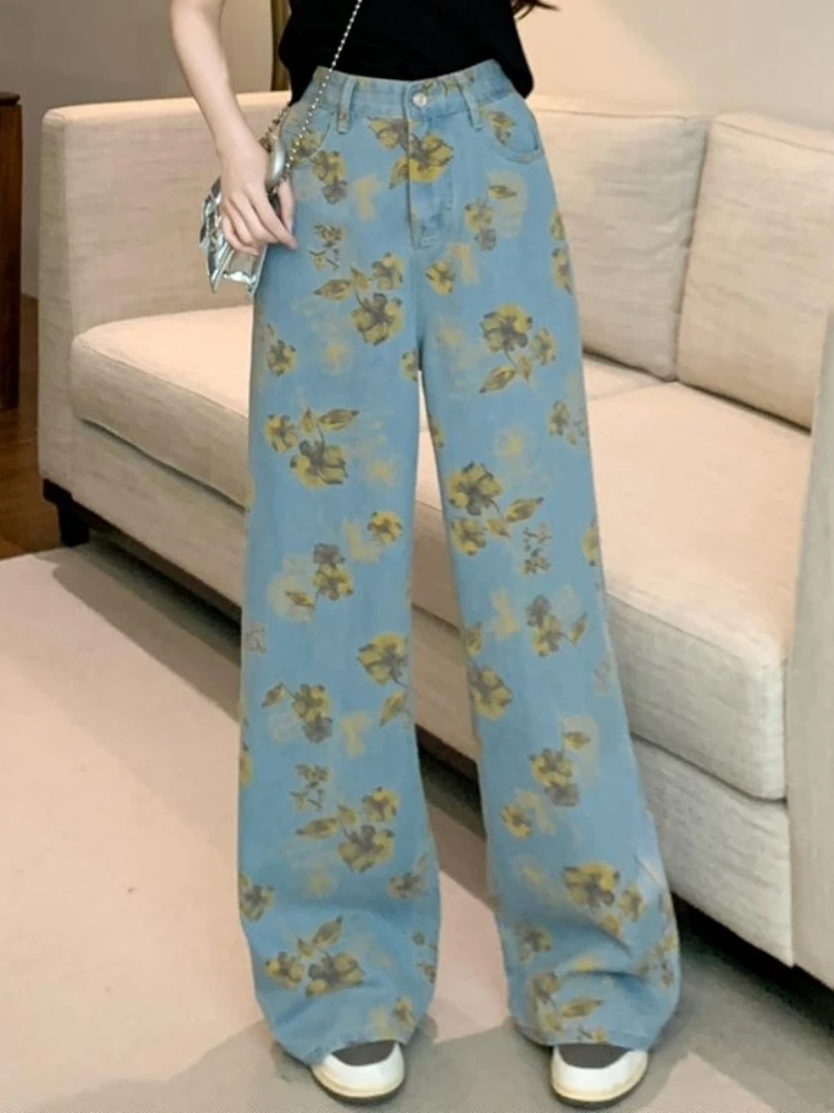 Damskie szerokie jeansy z retro kwiatowym wzorem, luźne, zwiewne spodnie do ziemi, codzienne spodnie dżinsowe z wysokim stanem i prostymi nogawkami.