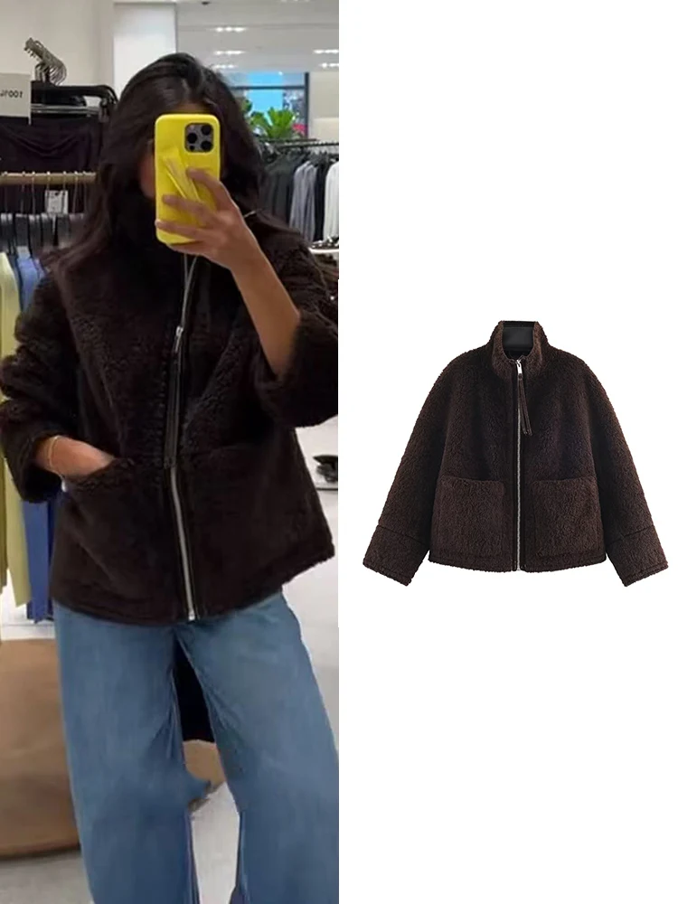 

TFMLN Women's Fashion Faux Fur And Leather Jacket Fall Winter Retro Casual Double Pocket Faux Fur Long-sleeved Stand Collar Coat