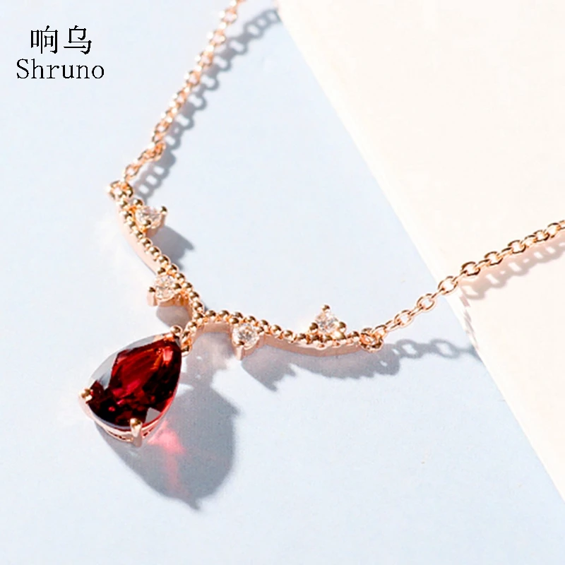 Shruno Solid 18k Rose Gold Genuine Garnet Diamond Necklaces Women Chain Gemstone Pendant Female Original Trendy Personality Gift