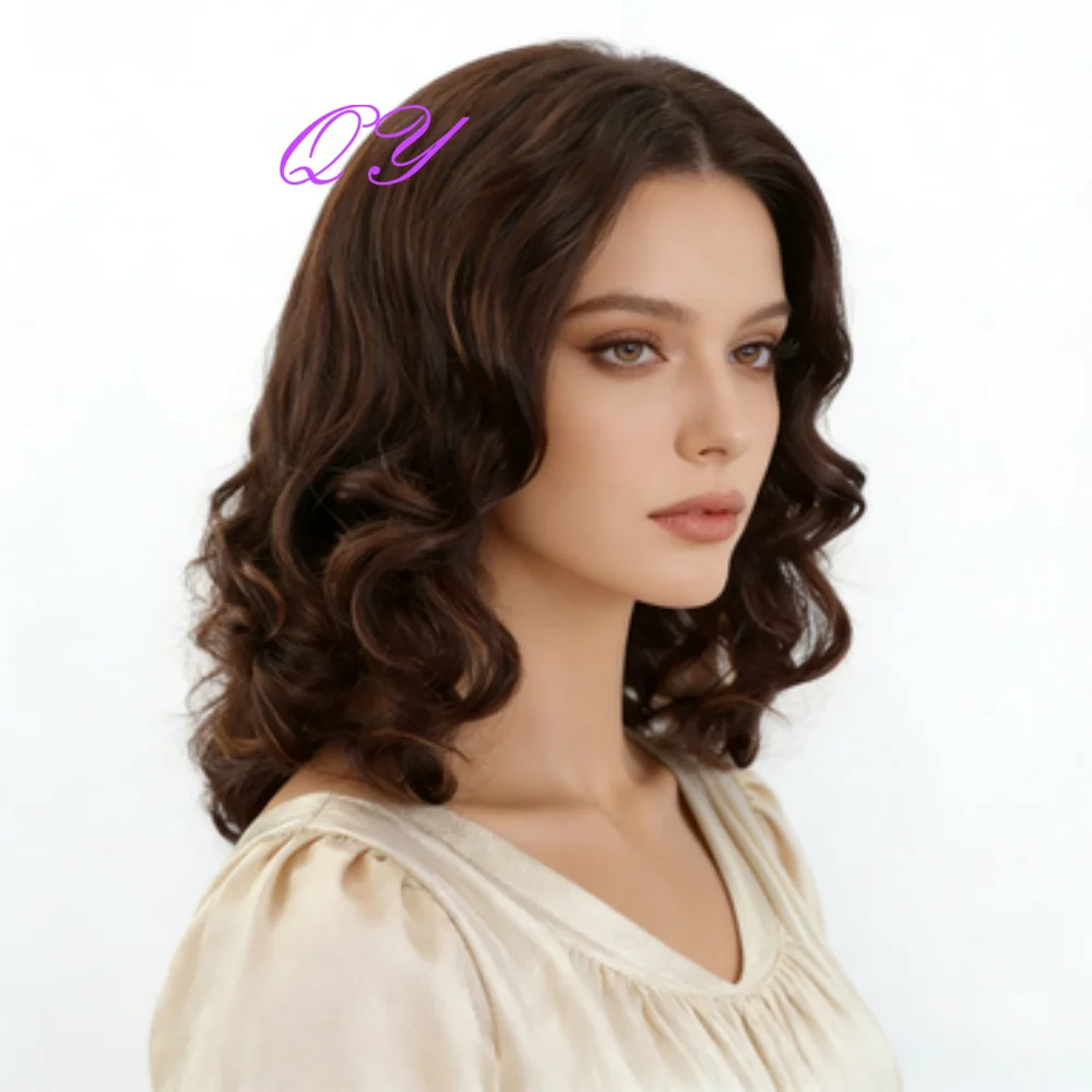 Short wave curly elegant brown women's wig synthetic for women's use, designed with simulated scalp  hairline daily wig