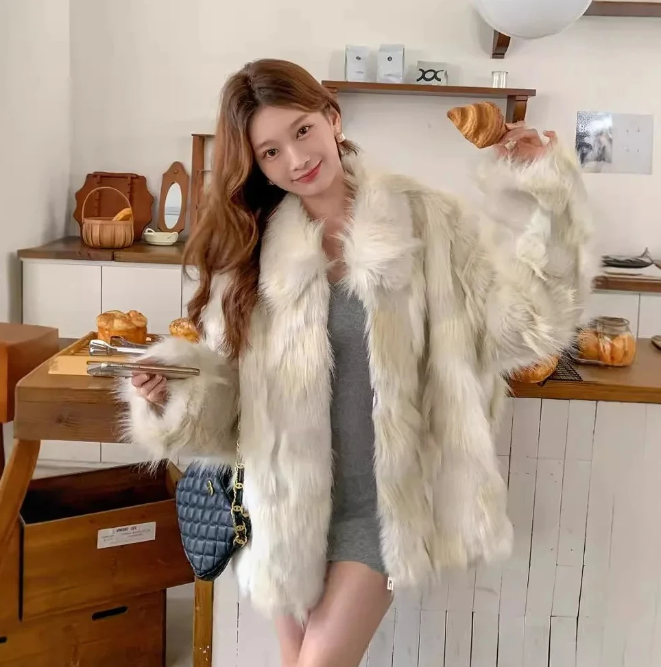 

Осень-зима 2024, женские пальто средней длины из искусственного меха лисы, куртки с отложным воротником, толстая теплая уличная куртка для работы