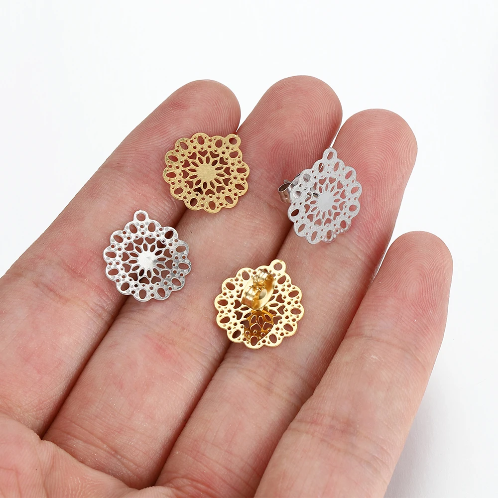 10pcs Stainless Steel Flower Ear Studs Hollowed Out Earring Base with Earplug for Earrings Jewelry Making DIY Findings Accessory