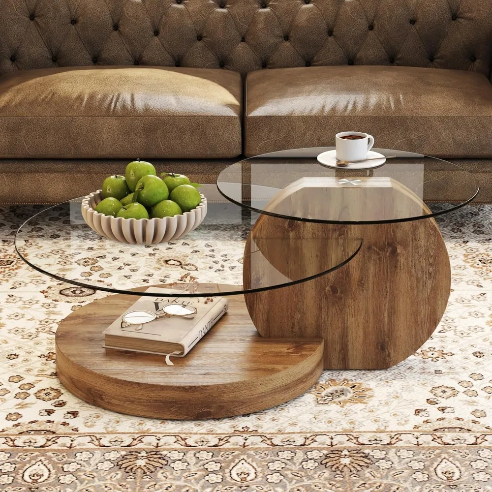 Glass Coffee Table, Modern Circular Coffee Table, 42 Inch Wooden Coffee Table with Tempered Glass Tabletop