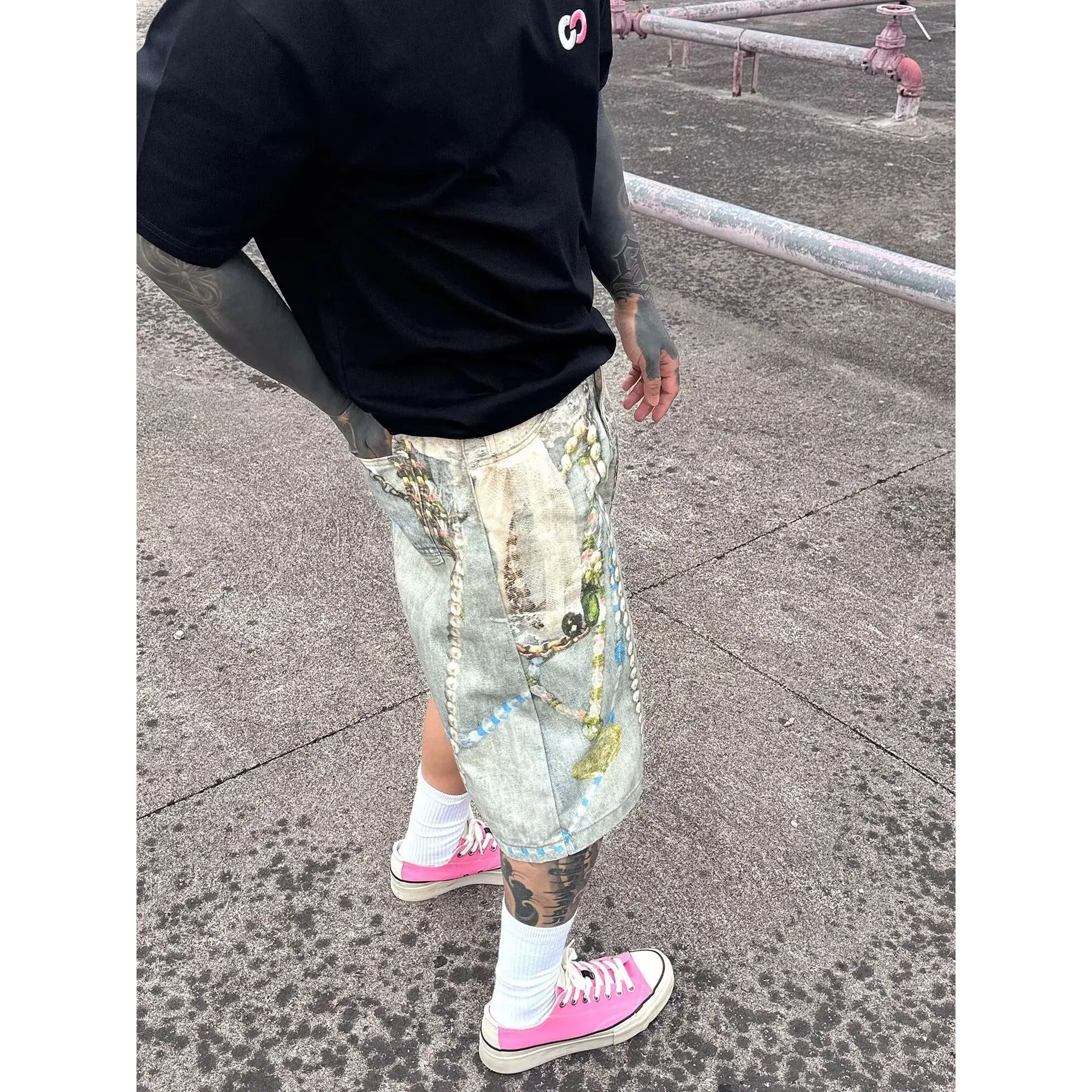 Men's Chain Printing Design Shorts Vintage Cropped Pants Summer Boys Casual Bottom Male High Waist Knee Length Trousers