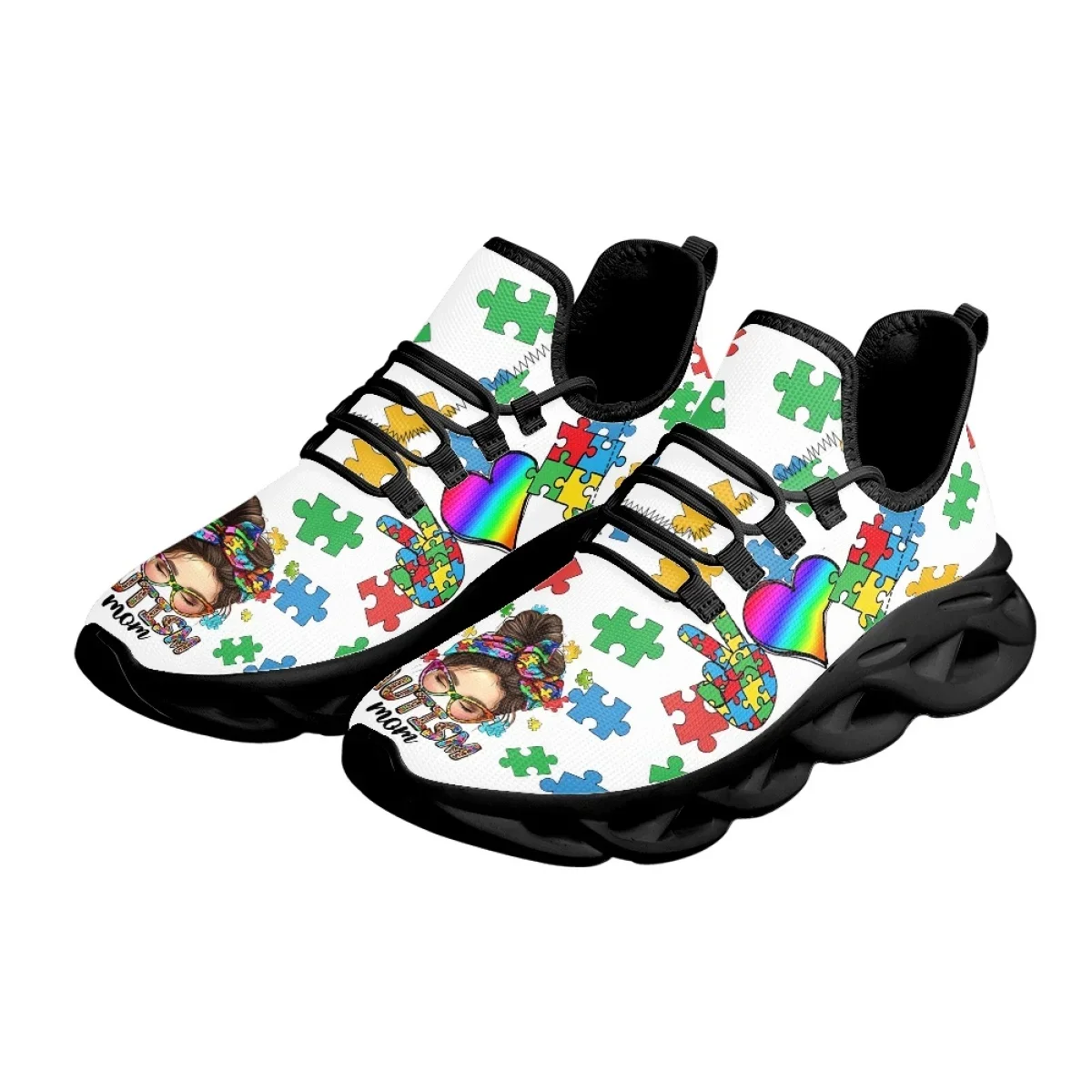 Female Colorful Autism Awareness Print Leisure Lace Up Sneakers Breathable Women Light Flats Footwea Outdoor Work Running Shoes